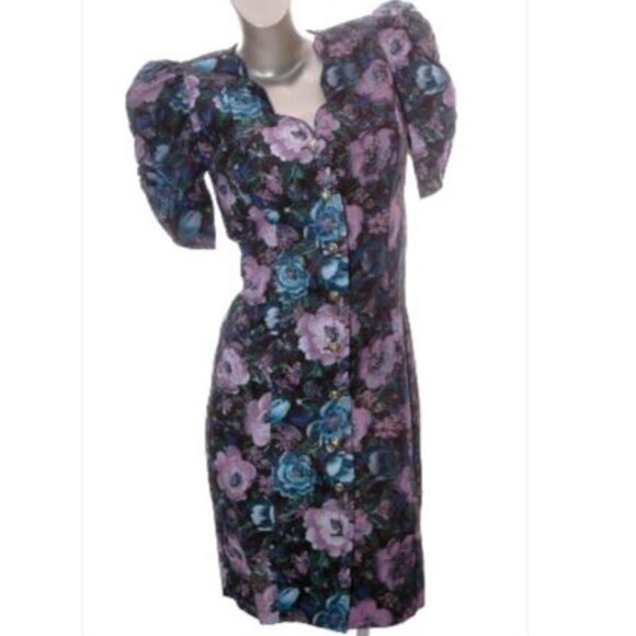Vintage 80s Midi Dress Cottage Core Puff Sleeves Scallop Black Pastel Floral 7/8 - Picture 4 of 10